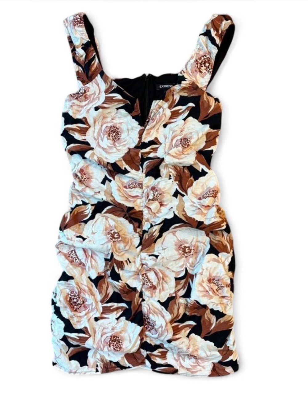 Sz M Linen Express Black Mini Ruched Dress Cream and Brown Floral Print
